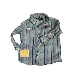 AKDMKS Plaid Button Up Shirt Boys 2T Blue Long Sleeve Back Graphic Streetwear